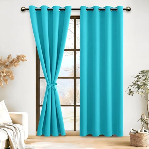 DWCN Lot de 2 Rideau Occultant à Oeillets Décoration Chambre Fenetre, Rideaux Opaque Draperies Intérieurs pour Fenêtre, 132x245 CM (Largeur x Hauteur), Turquoise