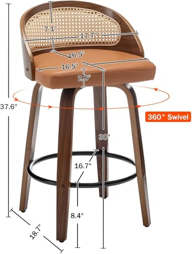 Image of 30 inch Swivel Rattan Bar Stools Set of 3 Mid-Century Modern Faux Leather Upholstered Bar Height Stools Kitchen Island Barstool with Rattan Low Backrest,Walnut Wood Finish Bar Chairs,Orange PU
