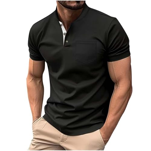 Mens Golf Henley Shirts Summer Short Sleeve Button Down Muscle Tops Business Casual Wrinkle Free Band Collar Blouses