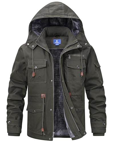 Image of Rapoo Men's Winter Jacket Cotton Work Military Jackets Fleece Lined Thick Warm Cargo Coats with Hooded