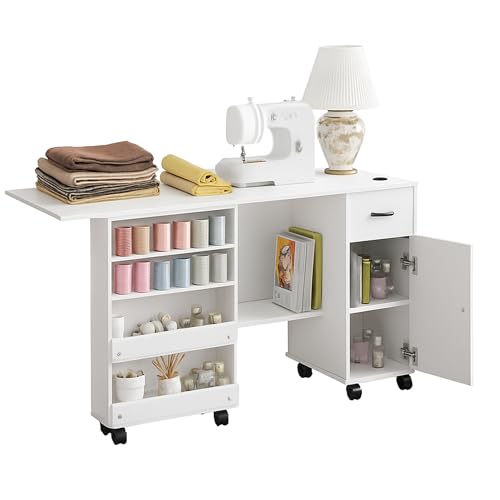 Folding Sewing Machine Table with Storage Shelves and Sliding Drawer, Rolling Side Desk for Sewing Machine, Craft Station with Lockable Wheels for Home, Bedroom, Small Spaces, White