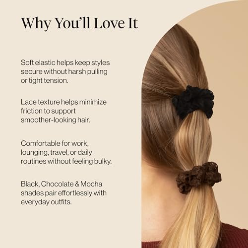 Image of Kitsch Ruched Lace Scrunchies For Women - No Crease, Gentle Hold, Frizz-Free Hair Scrunchies | Soft Lace Hair Accessories for All Hair Types - Black, Chocolate & Mocha, 5pc Set