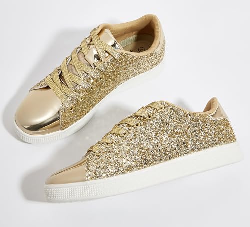 Image of LUCKY STEP Glitter Shoes Sparkly Bling Shiny Bedazzled Lace up Fashion Sneakers for Women