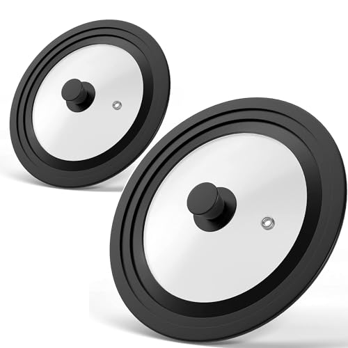 Image of Universal Lids for Pots, Pans & Skillets - Fits 7", 8" & 9" Diameter, 10", 11" & 12" Diameter Cookware, Tempered Glass with High Heat Resistant Silicone Rim, Dishwasher Safe (2 Pack)