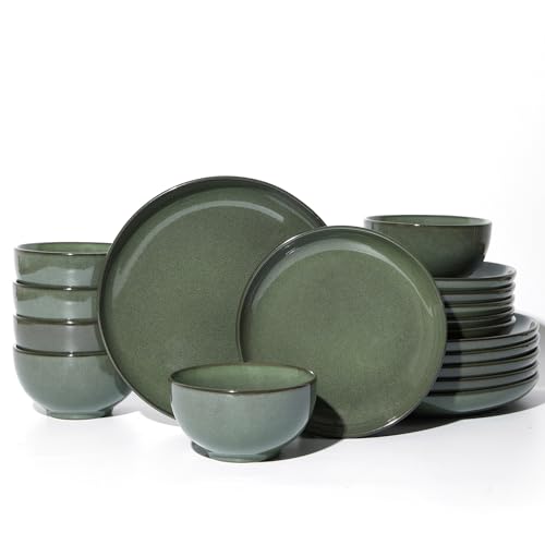 Image of Pokini Stoneware Dinnerware Sets for 6, 18 Piece Microwave Safe Plate and Bowl Set, Easy to Clean & Durable Dishes Sets for Small to Medium Families, Forest Green