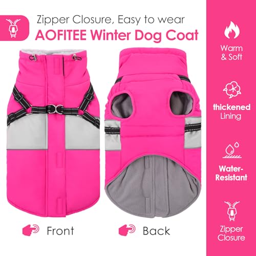 Image of AOFITEE Small Dog Coat, Dog Winter Coat with Harness Built in, Warm Dogs Jacket with Zipper & Polar Fleece Collar, Waterproof Pet Snow Jacket Snowsuit for Schnauzer, Chihuahua Yorkshire, S