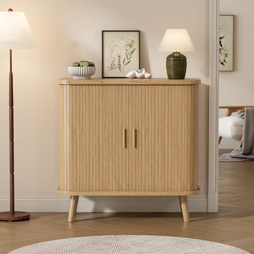 Image of BORNOON Buffet Cabinet with Storage, Curved-Edge Fluted Storage Cabinet Sideboard, Modern Black Sideboard Buffet with Adjustable Shelves & Sliding Door for Dining Room, Kitchen, Entryway (Oak)