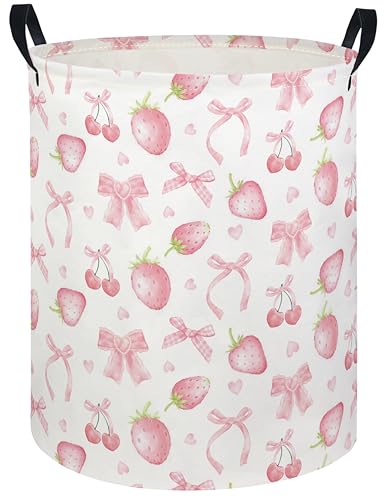 Image of Baby Laundry Hamper kids laundry Basket Waterproof Laundry Bag for Bedroom Clothes Organizer Room Decor(Bowknot strawberry)