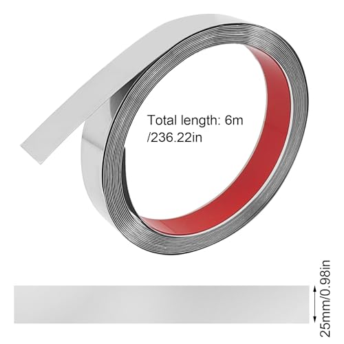 6 m Zierleiste Selbstklebend Edelstahl, 25 mm Breit Selbstklebende Leisten Metallleiste, Silber Zierstreifen, Chromleiste Selbstklebend, für Wand Spiegel Möbel Türen