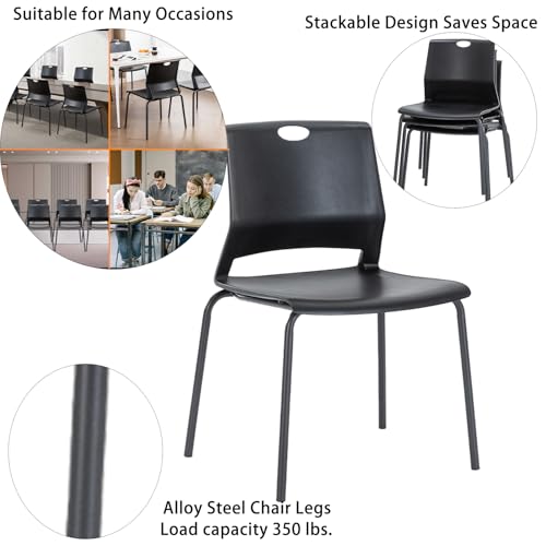Image of Black Stackable Chairs Set of 4, Modern Office Guest Chair Wide Seat, Stackable Dining Chairs, Plastic Chair for Conference Room, Church,Living Room, Waiting Room, Classroom.