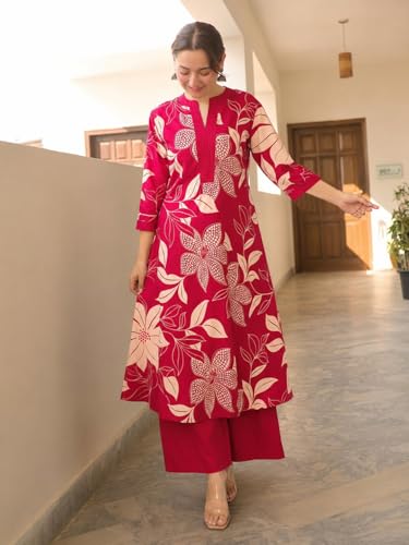 Image of GoSriKi Co Ord Set for Women Viscose Printed | Kurti Set for Woman | Straight Kurta Palazzo Co Ord Set | 2 Piece Set Women | 3 /4 Sleeve V-Neck Suit Set Stylish Ethnic Outfit Clothing