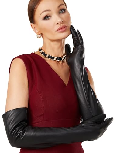 VIKIDEER Warme weiche lange Lederhandschuhe Frauen Plüsch gefüttert Voll Touchscreen Luxus Handschuhe für Abend Oper Arty Kostüm 23,6'', Schwarz, 60 cm, X-Large