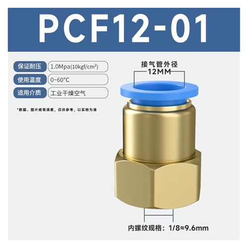 Conector rápido PCF de rosca interna recta para manguera neumática de 12mm 3