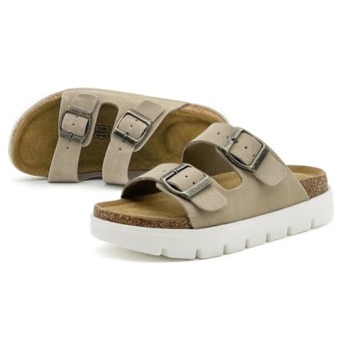 Kids Sandals Boys Girls Slide,Cork Slippers with Adjustable Straps for Little Kid/Big Kid,Memory Foam Insole Footbed Support Non-Slip Summer Shoes Kha