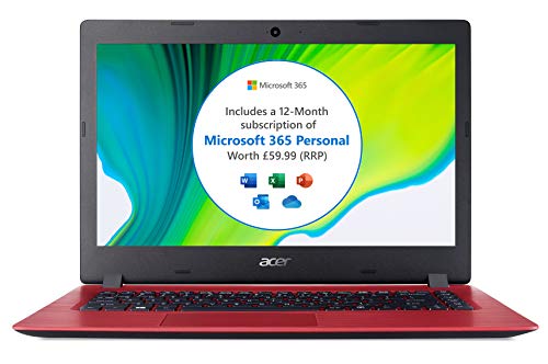 Acer Aspire 1 A114-32 14 inch Laptop (Intel Celeron N4020, 4GB RAM, 64GB eMMC, Full HD Display, Windows 10 in S Mode, Office 365 Personal, Red)