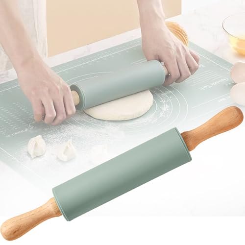 38cm Rouleau à Pâtisserie Coque Silicone avec Poignées Bois & Antiadhésif Surface, Rouleaux Manche en Bois Hêtre Cuisine pour Cuisson Fondant, Pizza,...