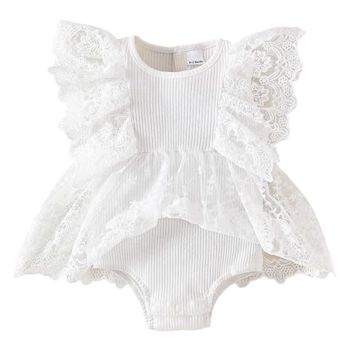 TENTIDE Baby Girl Romper Dress Ribbed Newborn Lace Boho Tutu Dresses Headband Baptism Photography Wedding Summer Outfit 0-24M(6-12 Months,All White)