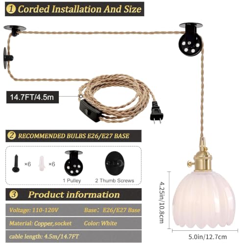 Image of Shenmoyl Plug in Pendant Light Hanging Light Fixture Corded On /Off Switch Brass Pendant Light with White Tulip Glass Lampshade for Bedroom Living Room Kitchen Island