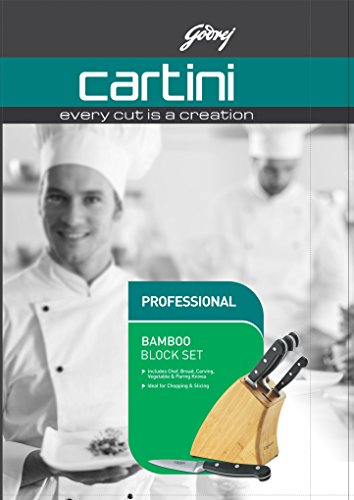 Image of Cartini 5 Pcs Knife Set with Bamboo Wood Knife Holder Set (Chef Knife +Bread Knife + Carving Knife + Vegetable Knife + Paring Knife),Bamboo,Brown