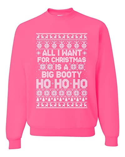 Wild Bobby All I Want for Christmas is a Big Booty Ho Funny Xmas Ugly Christmas Sweater Unisex Crewneck Sweatshirt, Neon Pink, X-Large