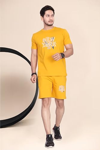 Image of HOODMASTER Men's Cotton Night Suit Set of Top & Knee Length Shorts with Round Neck Half Sleeves Solid Pattern Regular Fit and Standard Length | Mens Cotton Night Suit | T-Shirt and Shorts Sets