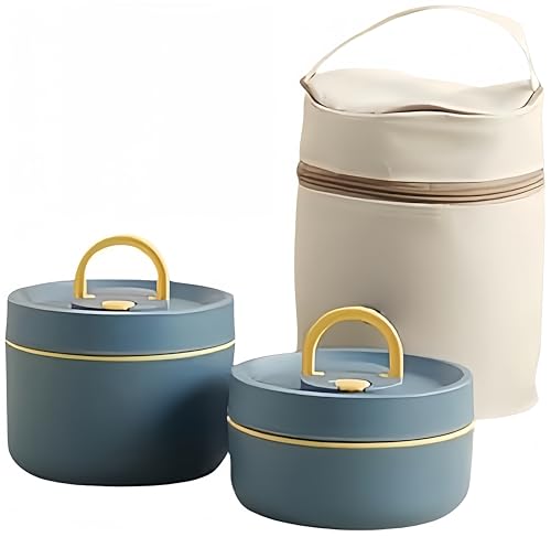 ステンレス保温弁当箱5時間の保温、真空断熱スープジャー 大容量、スープランチセット、ステンレスランチジャー、食器と収納バッグ付き、2段 /3段 /4段お弁当箱、大容量お弁当箱、密封された漏れ防止、通勤 運動会 通学 キャンプ (ブルー, 2パック)