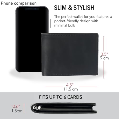 Image of Men's Black Leather Bifold Wallet RFID Blocking Front Pocket Security Passcase Cowhide Durable Extra Capacity Billfold 6 Credit Cards with Flip-out ID Window Classic Handmade Gift For Him VINAM-B-01