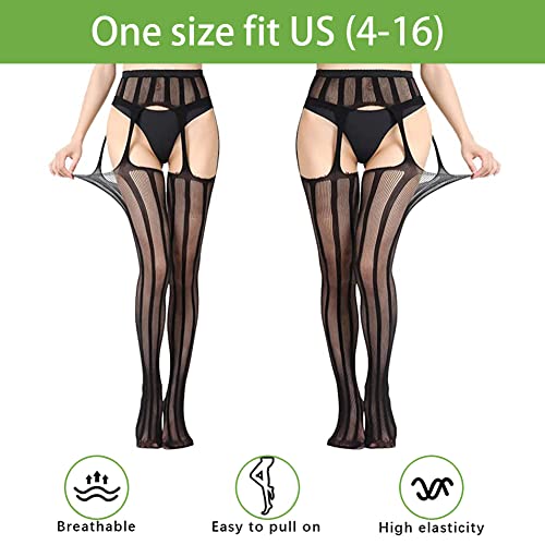 Image of Women's High Waist Fishnet Tights Suspenders Pantyhose Thigh High Stockings Black