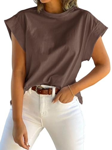 Tankaneo Womens Summer Cap Sleeve Tank Top Crew Neck Solid Casual Loose Fit Basic Tee Shirt Brown