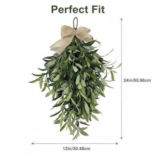 2026 Spring Olive Branch Teardrop Swag 24 Inch, Extra Full & Thick Faux Greenery with Upgraded Ribbon & Textured Leaves, Sturdy Farmhouse Hanging Wreath for Door, Wedding Arch, Kitchen (Green 1Pcs) - Image 3