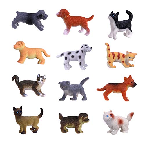 Hunson Mini Cat Dog Figurines (12 PCs) Realistic Looking Cat Kitten Figures Puppy