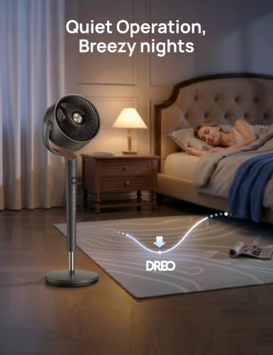Image of DREO Fan for Bedroom, 120 Oscillating Standing Fans, Quiet Floor Fan with DC Motor, 100ft Pedestal Fans for Room, 9 Speeds, 4 modes, 120 Manual Vertical, 37-42 inch Adjustable Height, 8H Timer