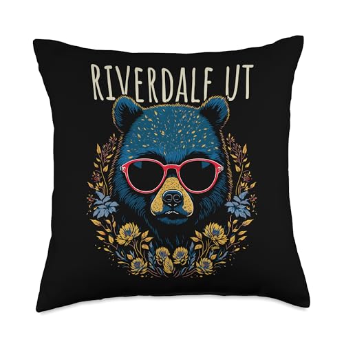 Awesome Riverdale Utah USA Designs and Souvenirs Riverdale Utah USA Bear Wearing Sunglasses Flowers Design Throw Pillow, 18x18, Multicolor