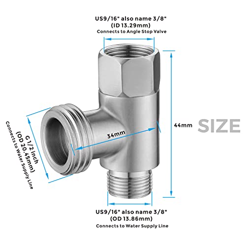 3/8 X 1/2 Adapter T Connector For Shutoff Valve, Add-A-Tee Adapter 3 Way Valve 3/8 Tee Compression, Stainless Steel Splitting Water Supply T Pipe Fitting For Bidet Hose, Angle Stop Valve T Connector #TOP2