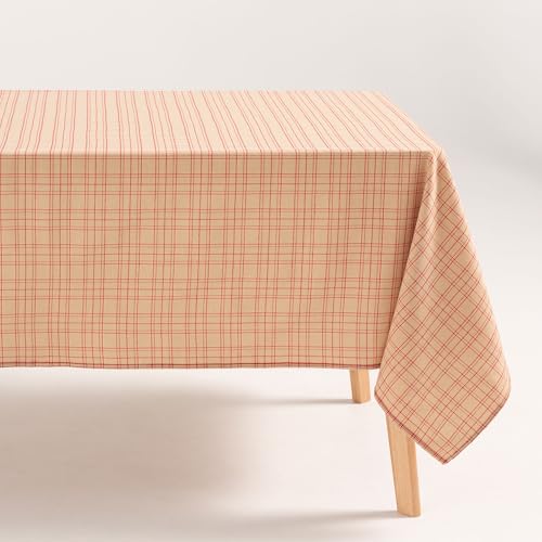 GAMUSI Tischdecke, rechteckig, Weihnachten, Stoff, Karomuster, Beige und Rotgoldgarn, Esstisch, Weihnachtsdekoration, 140 x 300 cm, Beige – Ansicht 3
