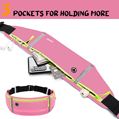 Image of USHAKE Slim Running Belt, Workout Fanny Pack for Men Women,Exercise Waist Pack for Apple iPhone Holder, Runner Belt for Running Walking Cycling Camping Gym, Pink, One Size, 3 Bags / Pink