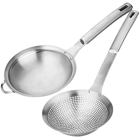 Fine Mesh Stainless Steel Metal With HoleSieve Food Strainer Grease Spider Skimmer And With Handle Large Holes Slotted Colander Frying Spoon Set,Handheld For Kitchen Cooking And Filter Food Residues Cover