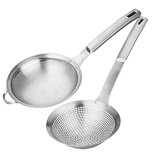 Fine Mesh Stainless Steel Metal With HoleSieve Food Strainer Grease Spider Skimmer And With Handle Large Holes Slotted Colander Frying Spoon Set,Handheld For Kitchen Cooking And Filter Food Residues