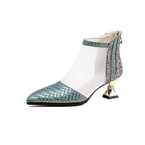 TinaCus Genuine Leather & Mesh Handmade Pointed Toe Mid Heel Zip Up Graceful Women's Ankle Boots