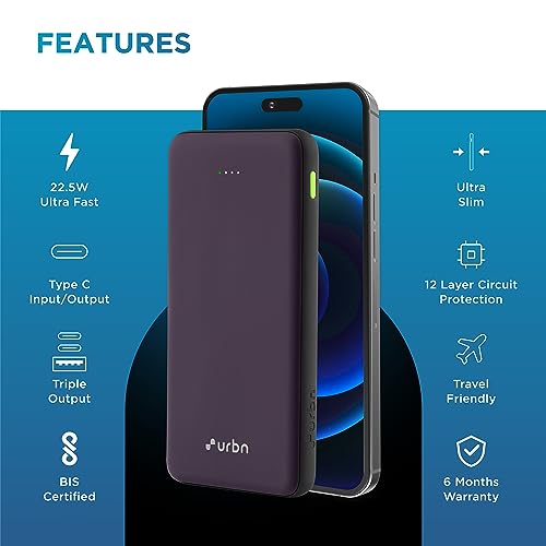 Image of URBN Power Bank 10,000mAh - Ultra Slim, 22.5W Two Way Fast Charging, Triple Output, Dual Type C PD, 12 Layers Circuit Protection, BIS Certified, 6 Months Warranty with Free Type C Cable (Purple)