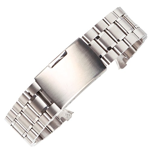 Brushed Metal Watch Band Curved End Anti-Allergy Solid Stainless Steel with Safety Clasp (22mm, Silver)