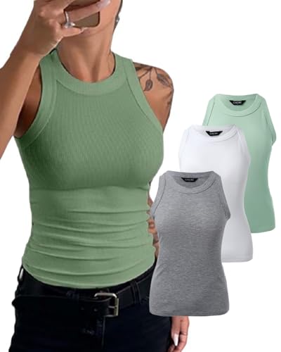 CHICME 3 Piece Womens Tank Tops Sleeveless Basic Cami Shirt Slim Knit Ribbed Racerback Blouses