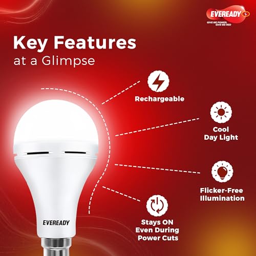 Image of Eveready 14W Emergency Inverter LED Bulb, Cool Day Light (6500K), Rechargeable Bulb with 3 Hours Backup, Ideal for Powercuts, Energy Efficient, B22 Base, Pack of 3
