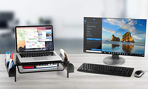 Auledio Metal Desk Monitor Stand Riser, Desktop Organizer Printer Stand Holder with Pull Out Storage Drawer and Side Compartments Pockets for Computer, Laptop, iMac, Pens, Phones, Calculators