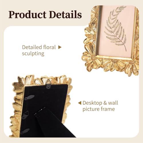 Image of Antique Floral Picture Frame - Resin & Glass Victorian-Style Frame for Tabletop or Wall Decor (Gold, 3 inch x 5 inch)