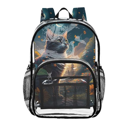 Clear Bag for Women Travel Kids Backpack Boys Girls See through Approved Bag Funny Cat Sunflowers
