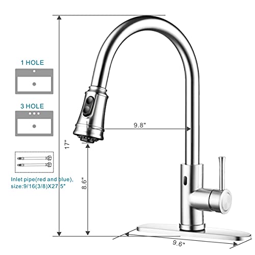 Touchless Kitchen Faucet,Welsan Hands Free Automatic Smart Kitchen Faucet Touchless With Pull Down Sprayer Stainless Steel Brushed Nickle, Single Handle Motion Sensor Activated Kitchen Sink Faucet #TOP4