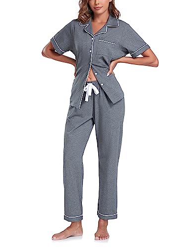 Image of COLORFULLEAF Women's 100% Cotton Pajamas Set Button Down Sleepwear Short Sleeve Shirt and Long Pants Soft Ladies Lounge Sets