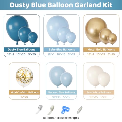 170Pcs Dusty Blue Balloons Arch Garland Kit, Baby Blue Gold White Ocean Macaron Blue Confetti Balloons for Birthday Bridal Baby Shower Boy Gender Reveal Wedding Engagement Bachelor Party Decorations