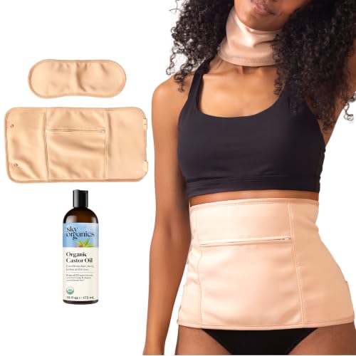 Image of Sky Organics - Organic Castor Oil Pack Wrap Set - 16oz Castor Oil Organic, Adjustable Neck & Body Wraps, Body Wipes - for Liver Detox, Constipation Relief, Skin Care, Muscle Pain - Self Care - Beauty